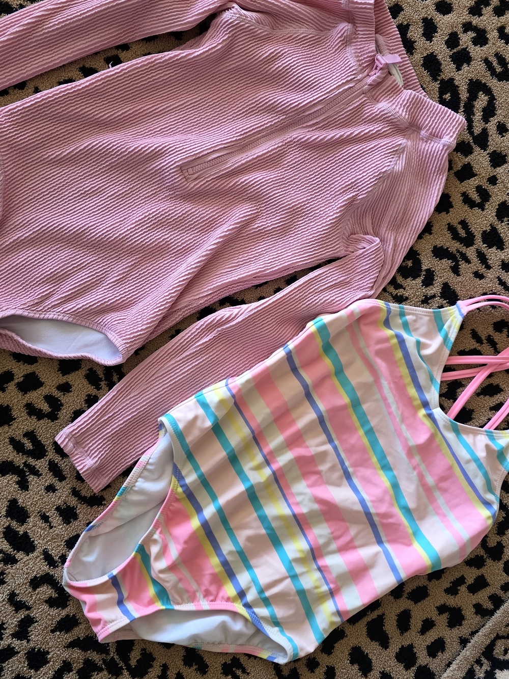 Kids Pink Rash Guard & Pastel Striped One-Piece Swimsuit Set